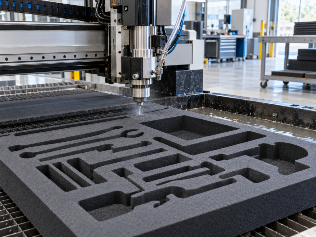 machine snijdt nauwkeurige uitsparingen in foam voor een gereedschapsinlay op maat